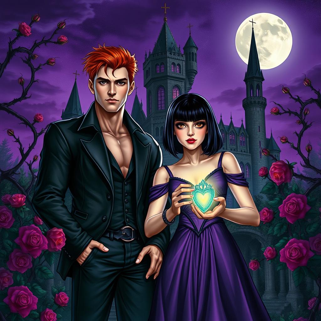 A dark fantasy book cover featuring a young gothic couple of vampires in front of a majestic castle surrounded by thorny purple vines and blooming roses at night