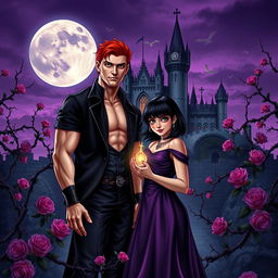 A dark fantasy book cover featuring a young gothic couple of vampires in front of a majestic castle surrounded by thorny purple vines and blooming roses at night