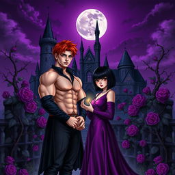 A dark fantasy book cover featuring a young gothic couple of vampires in front of a majestic castle surrounded by thorny purple vines and blooming roses at night