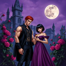 A dark fantasy book cover featuring a young gothic couple of vampires in front of a majestic castle surrounded by thorny purple vines and blooming roses at night