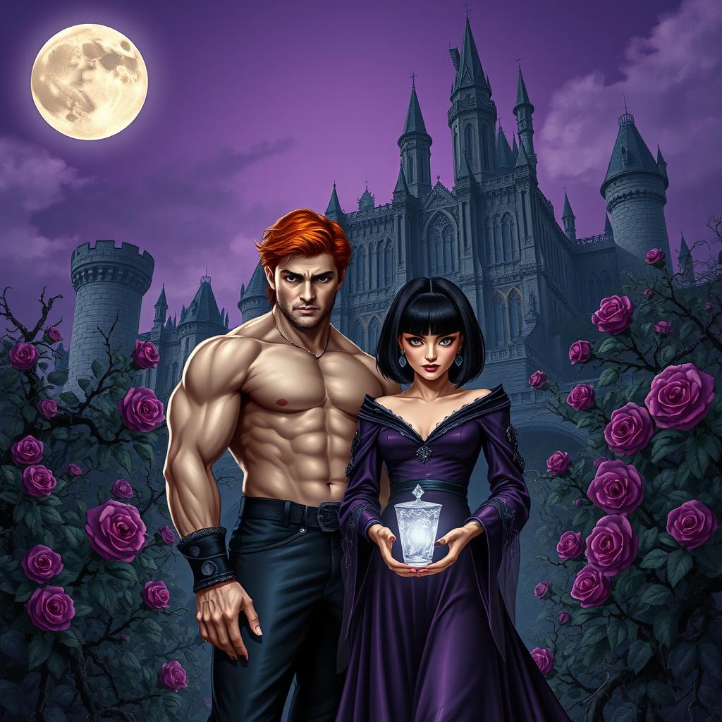 A dark fantasy book cover featuring a young gothic couple of vampires in front of a majestic castle surrounded by thorny purple vines and blooming roses at night