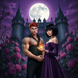 A dark fantasy book cover featuring a young gothic couple of vampires in front of a majestic castle surrounded by thorny purple vines and blooming roses at night