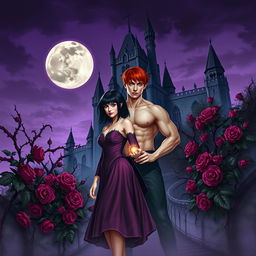 A dark fantasy book cover featuring a young gothic couple of vampires in front of a majestic castle surrounded by thorny purple vines and blooming roses at night