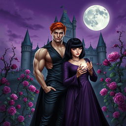 A dark fantasy book cover featuring a young gothic couple of vampires in front of a majestic castle surrounded by thorny purple vines and blooming roses at night