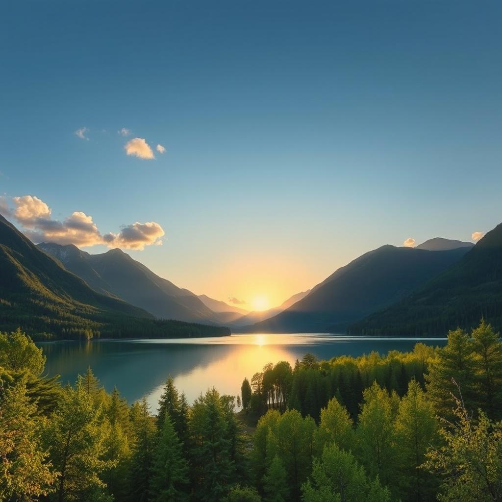 Create an image of a serene landscape featuring a calm lake surrounded by lush green trees and mountains in the background