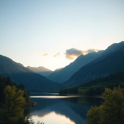 Create an image of a serene landscape featuring a calm lake surrounded by lush green trees and mountains in the background