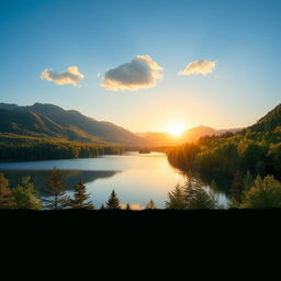 Create an image of a serene landscape featuring a calm lake surrounded by lush green trees and mountains in the background