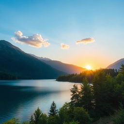 Create an image of a serene landscape featuring a calm lake surrounded by lush green trees and mountains in the background