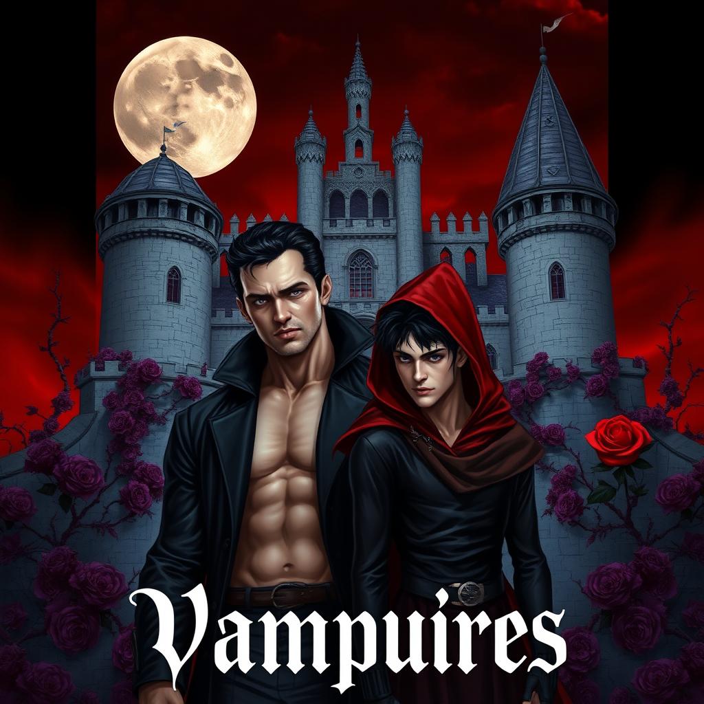 A dark fantasy book cover featuring a gay young gothic couple of vampires in front of a majestic castle with thorny purple vines and roses