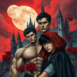 A dark fantasy book cover featuring a gay young gothic couple of vampires in front of a majestic castle with thorny purple vines and roses