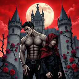 A dark fantasy book cover featuring a gay young gothic couple of vampires in front of a majestic castle with thorny purple vines and roses