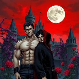 A dark fantasy book cover featuring a gay young gothic couple of vampires in front of a majestic castle with thorny purple vines and roses