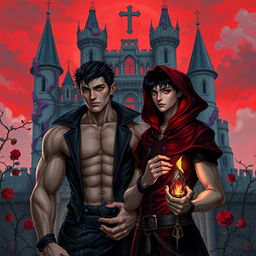 A dark fantasy book cover featuring a gay young gothic couple of vampires in front of a majestic castle with thorny purple vines and roses