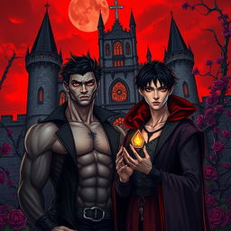 A dark fantasy book cover featuring a gay young gothic couple of vampires in front of a majestic castle with thorny purple vines and roses