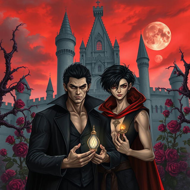 A dark fantasy book cover featuring a gay young gothic couple of vampires in front of a majestic castle with thorny purple vines and roses