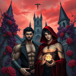 A dark fantasy book cover featuring a gay young gothic couple of vampires in front of a majestic castle with thorny purple vines and roses