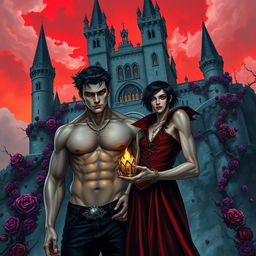 A dark fantasy book cover featuring a gay young gothic couple of vampires in front of a majestic castle with thorny purple vines and roses