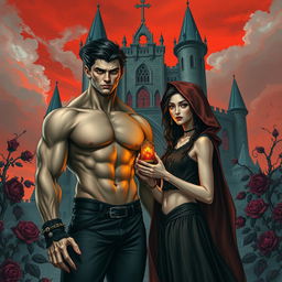 A dark fantasy book cover featuring a gay young gothic couple of vampires in front of a majestic castle with thorny purple vines and roses