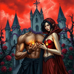 A dark fantasy book cover featuring a gay young gothic couple of vampires in front of a majestic castle with thorny purple vines and roses