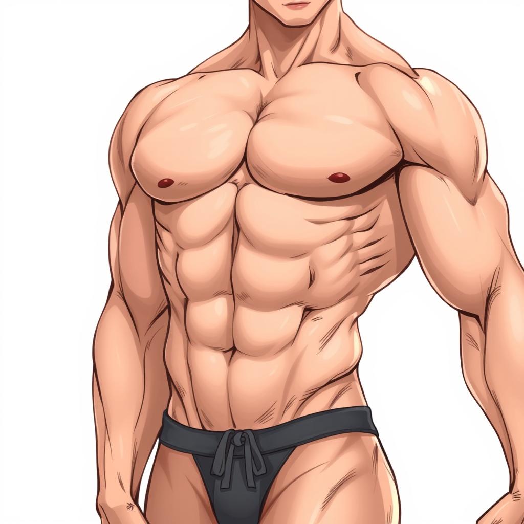 A highly detailed and realistic illustration of a gay hunk with extreme muscle definition, depicted as an Asian man