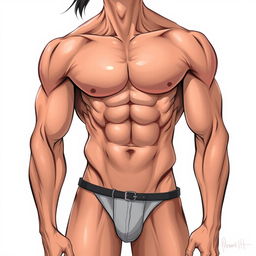 A highly detailed and realistic illustration of a gay hunk with extreme muscle definition, depicted as an Asian man