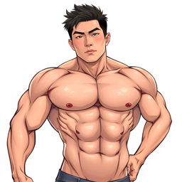 A highly detailed and realistic illustration of a gay hunk with extreme muscle definition, depicted as an Asian man