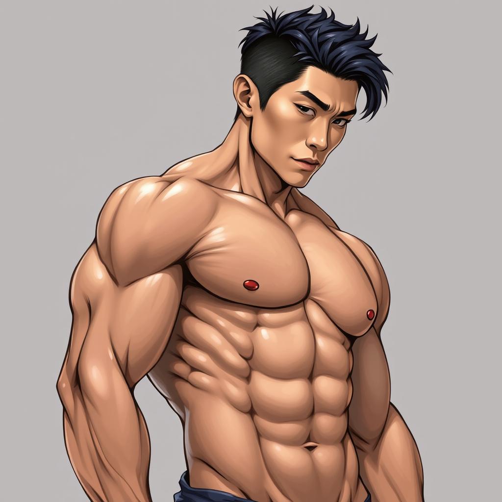 A highly detailed and realistic illustration of a gay hunk with extreme muscle definition, depicted as an Asian man