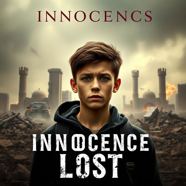 A book cover for a novel titled 'Innocence Lost', depicting a young man amidst a war-torn landscape