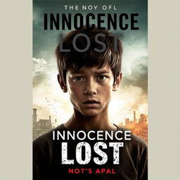 A book cover for a novel titled 'Innocence Lost', depicting a young man amidst a war-torn landscape