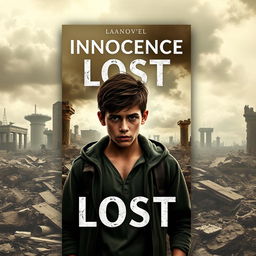 A book cover for a novel titled 'Innocence Lost', depicting a young man amidst a war-torn landscape