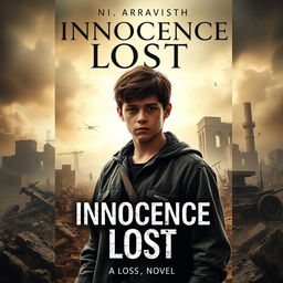 A book cover for a novel titled 'Innocence Lost', depicting a young man amidst a war-torn landscape