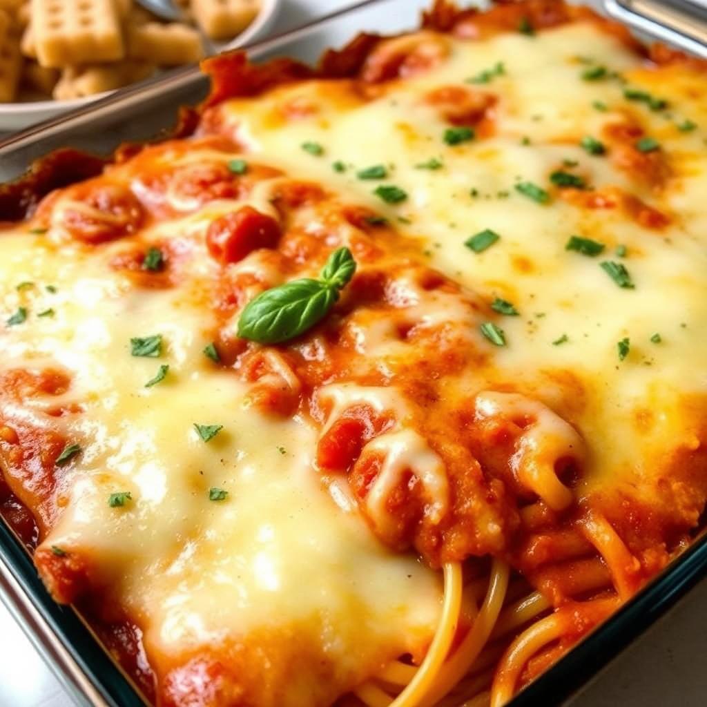 A delicious and lavish million dollar spaghetti casserole, freshly baked and golden brown on top, with melted cheese, rich tomato sauce, and perfectly cooked spaghetti