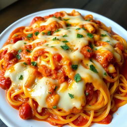 A delicious and lavish million dollar spaghetti casserole, freshly baked and golden brown on top, with melted cheese, rich tomato sauce, and perfectly cooked spaghetti