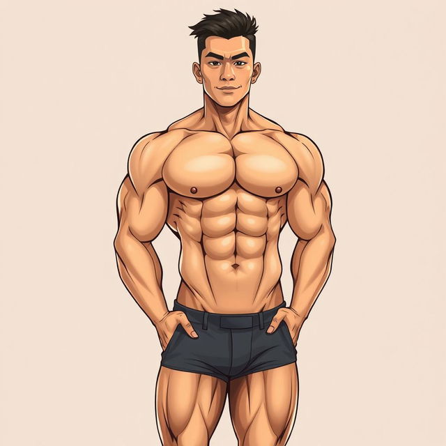 A full-body illustration of a handsome, extremely muscular Asian man