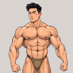 A full-body illustration of a handsome, extremely muscular Asian man