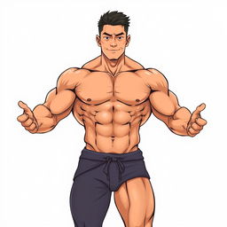 A full-body illustration of a handsome, extremely muscular Asian man