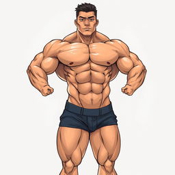 A full-body illustration of a handsome, extremely muscular Asian man