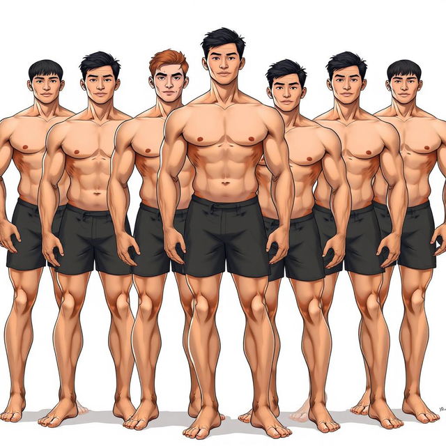 A full-body illustration of ten extremely muscular and handsome Asian men, depicted as real persons