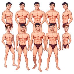 A full-body illustration of ten extremely muscular and handsome Asian men, depicted as real persons