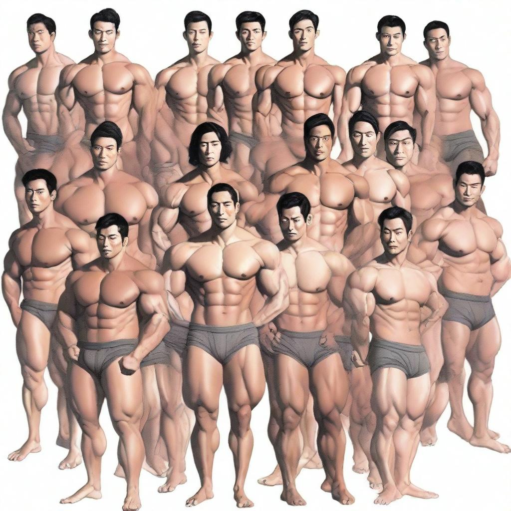 A full-body illustration of twenty extremely muscular and handsome Asian men, depicted as real persons