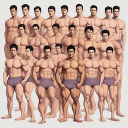 A full-body illustration of twenty extremely muscular and handsome Asian men, depicted as real persons