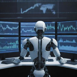 A futuristic robot busy with multiple monitors displaying dynamic graphs, numbers, and symbols related to stock trading.