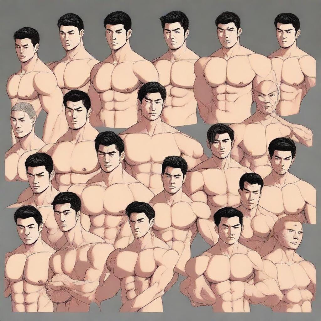 A full-body illustration of twenty extremely muscular and handsome Asian men, depicted as real persons