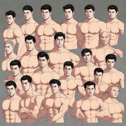 A full-body illustration of twenty extremely muscular and handsome Asian men, depicted as real persons