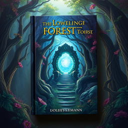 Create a captivating book cover featuring a mysterious forest with an ancient, glowing portal