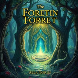 Create a captivating book cover featuring a mysterious forest with an ancient, glowing portal