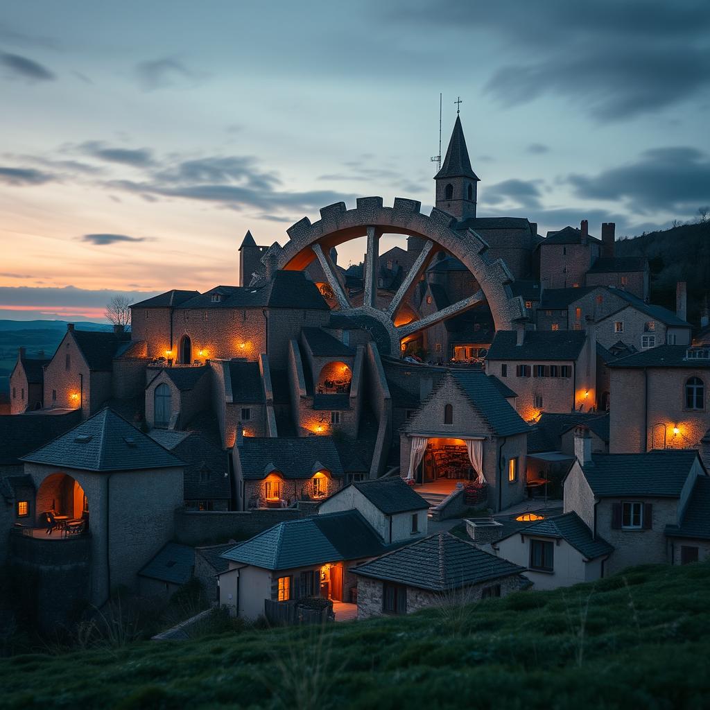 A small walled medieval town built like a giant wheel with a market in the center, shot on a 28 mm Kodak camera at twilight