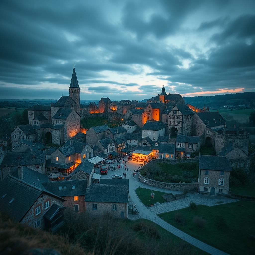 A small walled medieval town built like a giant wheel with a market in the center, shot on a 28 mm Kodak camera at twilight