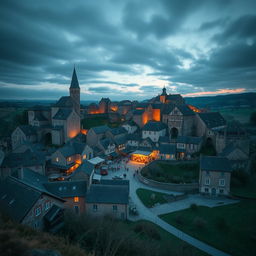 A small walled medieval town built like a giant wheel with a market in the center, shot on a 28 mm Kodak camera at twilight