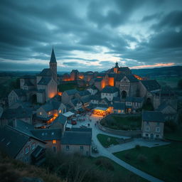 A small walled medieval town built like a giant wheel with a market in the center, shot on a 28 mm Kodak camera at twilight